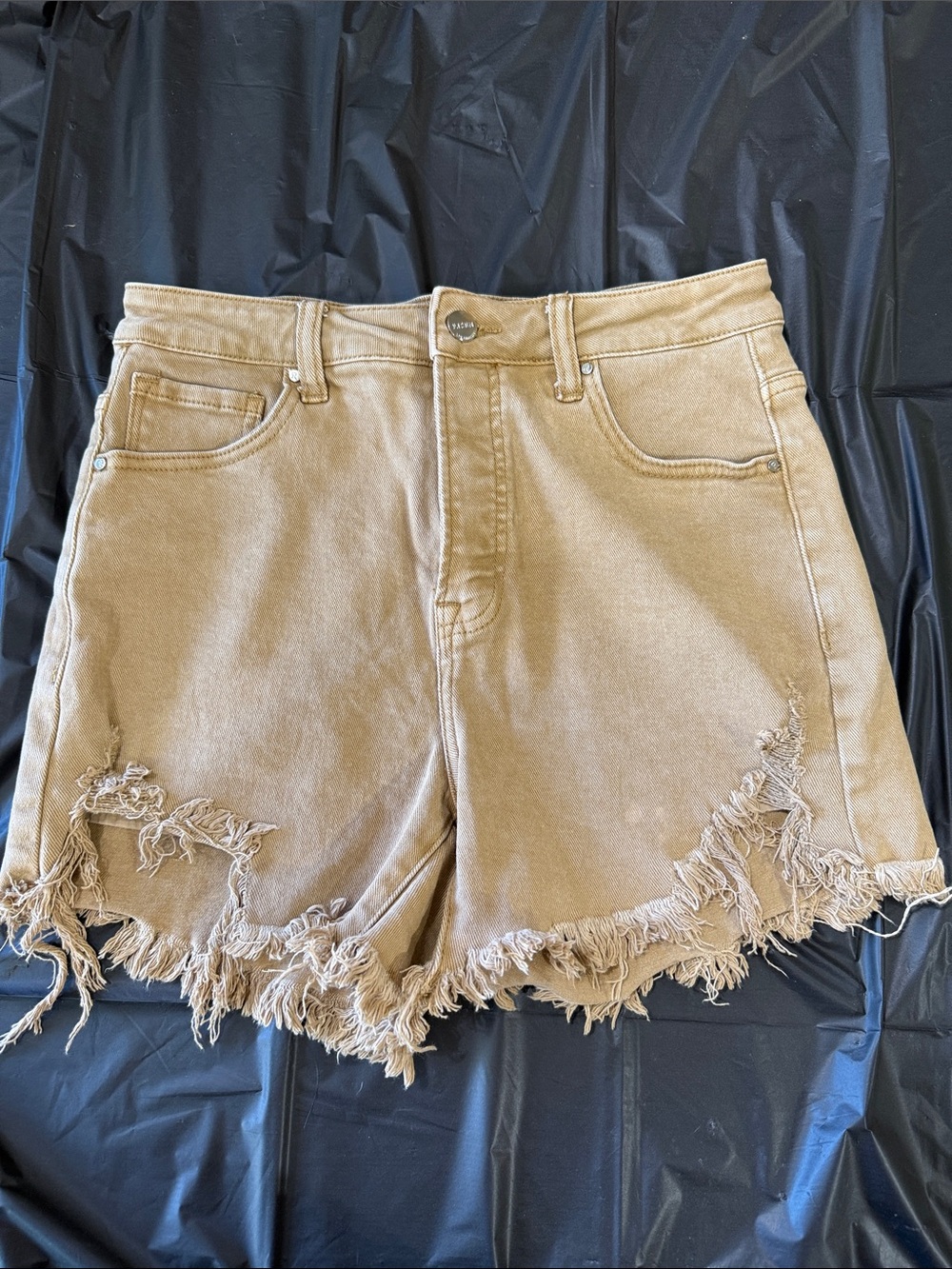 High-Rise Distressed Denim Shorts in Tan
